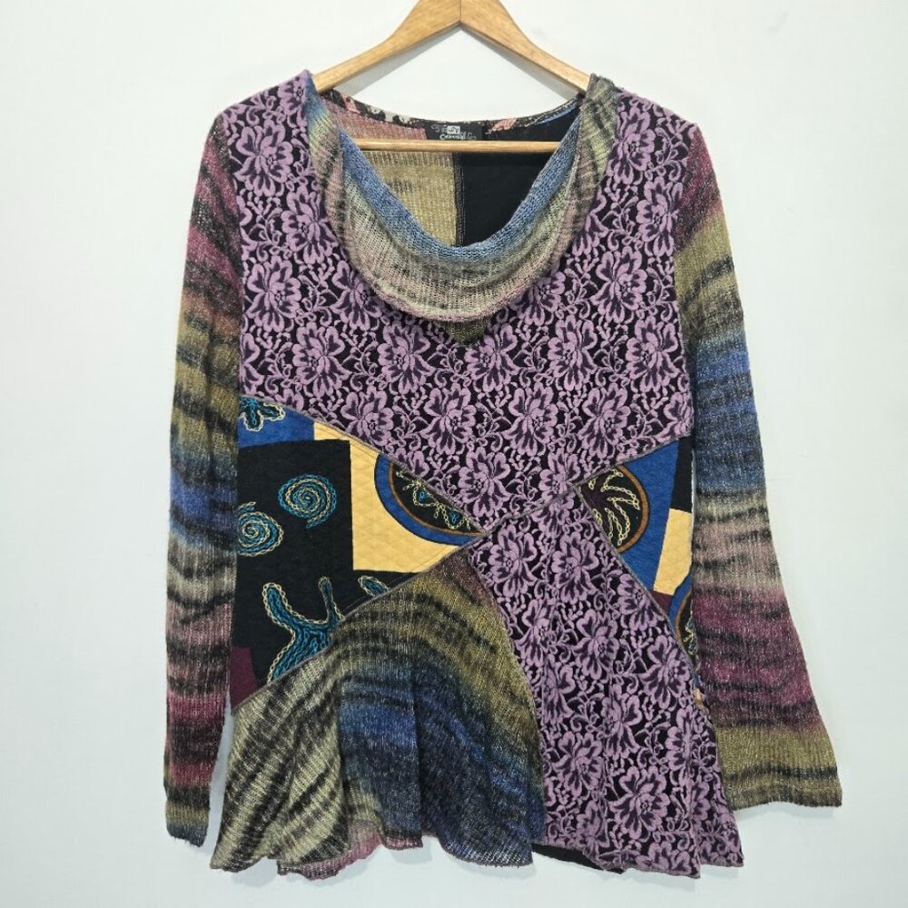 LV Collection Womens Patchwork Top Size L Artsy Mixed Media Lagenlook Cowl Neck